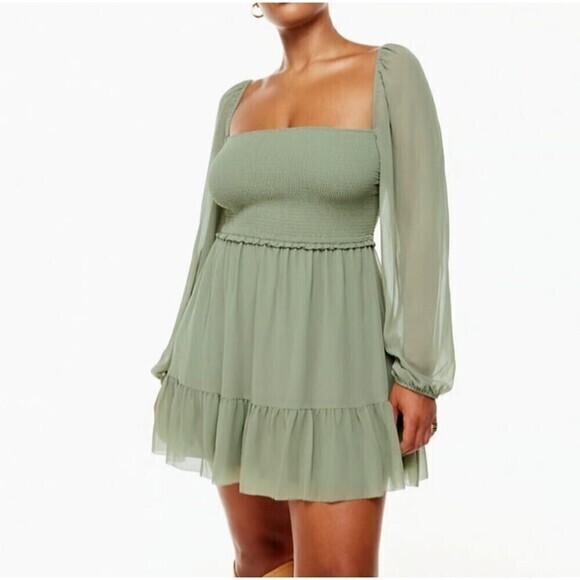 Aritzia Wilfred Tempest Short Dress L Green Smocked‎ Chiffon Sleeves Fairycore - Picture 1 of 10